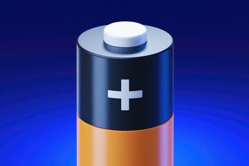 Obraz premium A 3D rendering of a single AA battery with a black top and orange bottom against a blue background