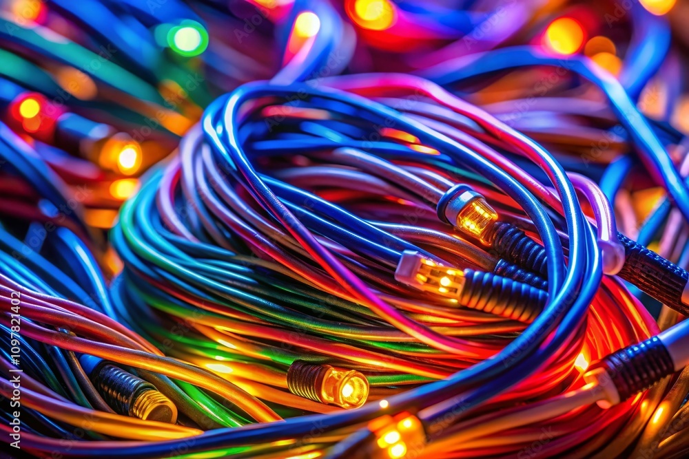Poster close-up of multicolored electrical computer cables in low light, showcasing textures and vibrant co