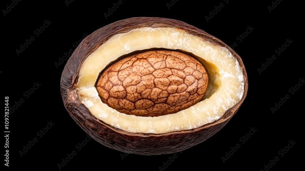 Poster close-up of a brown seed inside a split nut shell on black background