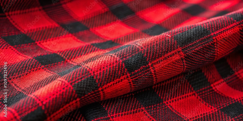 Poster close-up of red and black plaid fabric featuring a classic checkered pattern with textured surface f