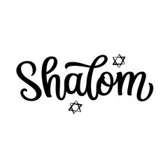 Shalom. Hand lettering black text with a star of David isolated on black background. Vector typography for cards, banners, posters