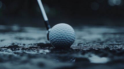 Close-up of golf ball and club, capturing a detailed view of the essential equipment