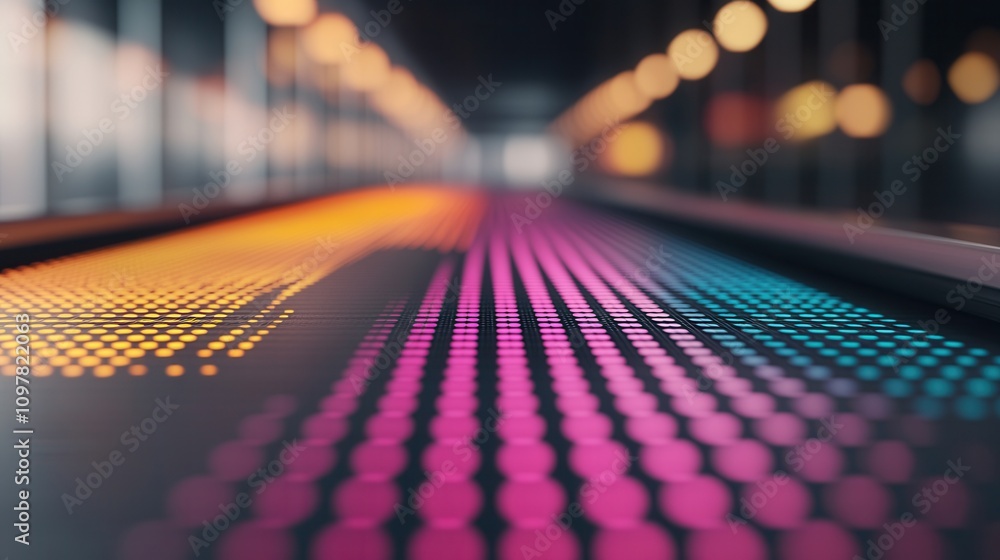 Poster a colorful, illuminated pathway with vibrant dots in pink, orange, and blue, creating a dynamic and 