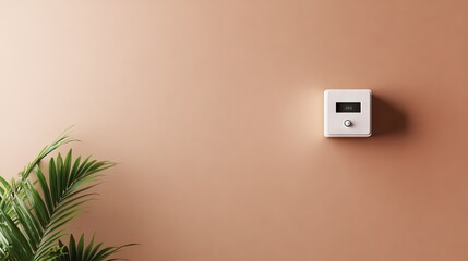 Modern white thermostat on a warm beige wall with a green plant, creating a cozy, contemporary atmosphere.