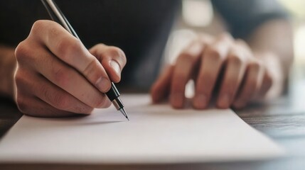 A person writes on a blank sheet of paper using a pen, showcasing the act of creating or recording thoughts.
