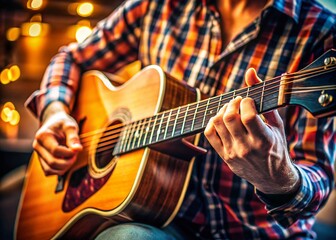 Obraz premium Close-Up Shot of a Guitar Being Played with a Focus on the Fretboard, Capturing the Intricate Details of Strings and Frets in a Natural Setting for Music Enthusiasts