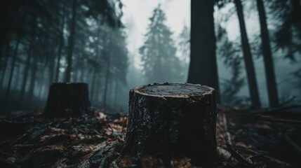 Obraz premium Atmospheric Forest Scene Featuring Tree Stumps Surrounded by Dense Fog and Majestic Pine Trees Creating a Mysterious and Serene Wilderness Setting
