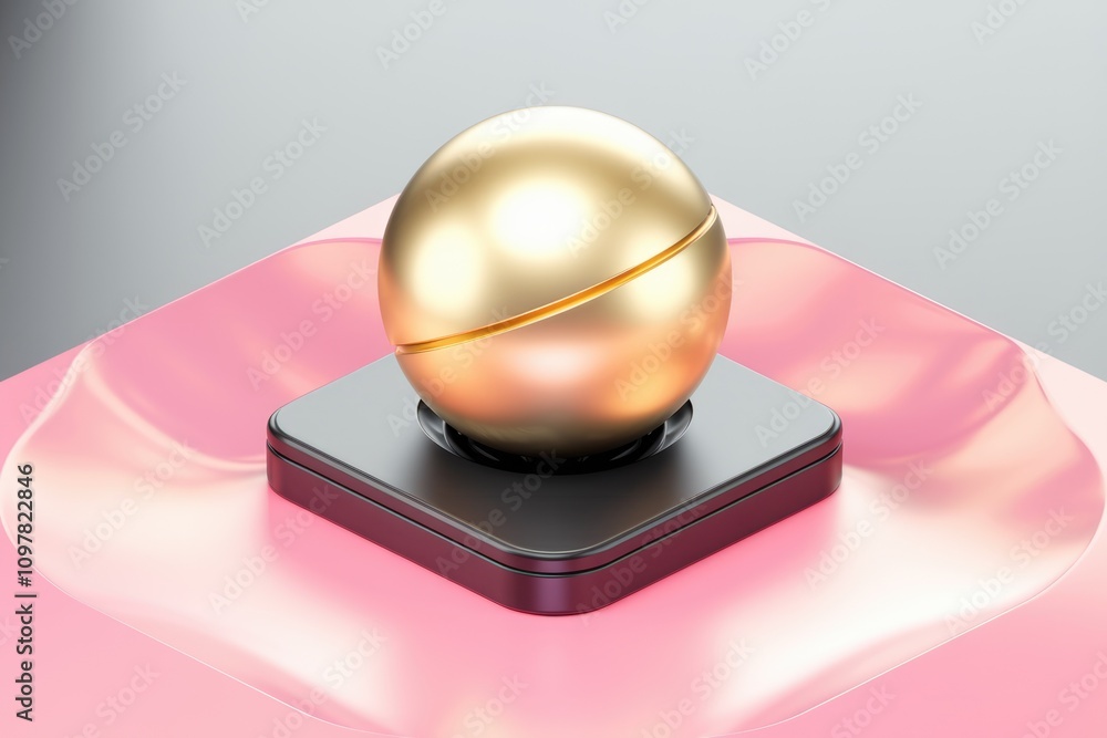 Poster a gold sphere seemingly split rests on a sleek black square base atop a pink platform