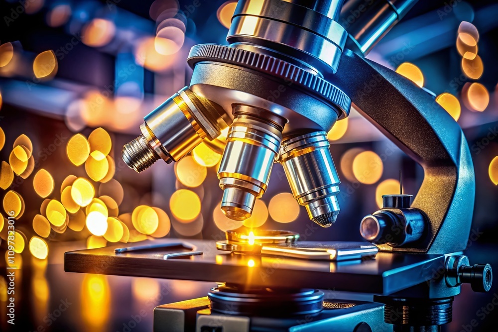 Aufkleber close-up view of a microscope illuminated by bright light for scientific exploration and research do