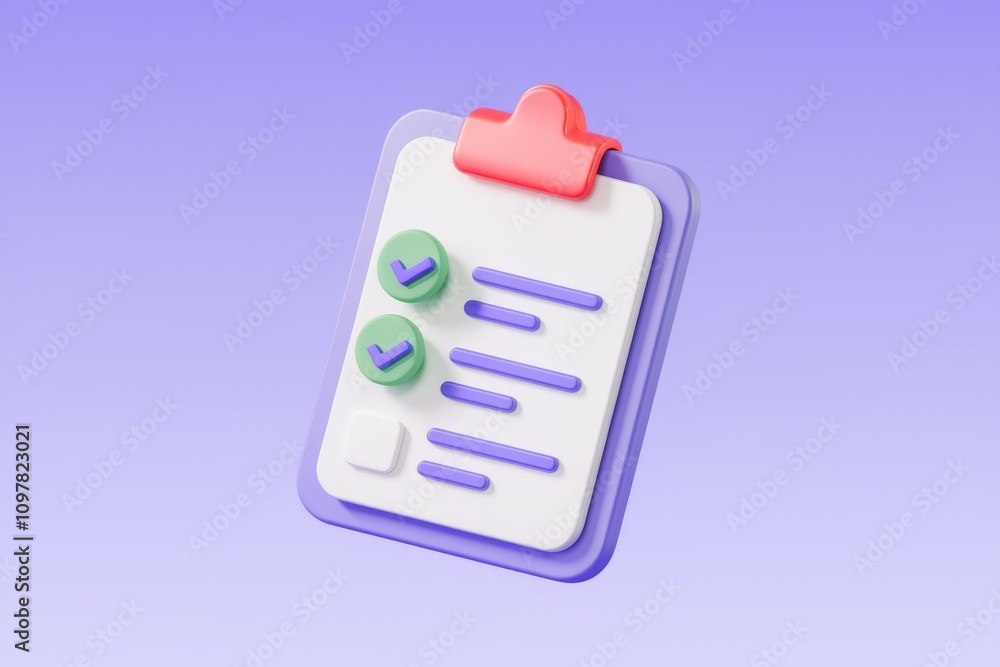 Poster 3D rendering of a checklist clipboard with checkmarks  representing task completion or to do list