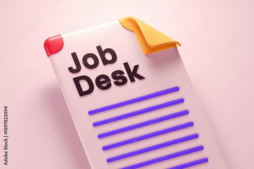 Poster 3D render of a document labeled 'Job Desk'  suggesting job applications or a workspace