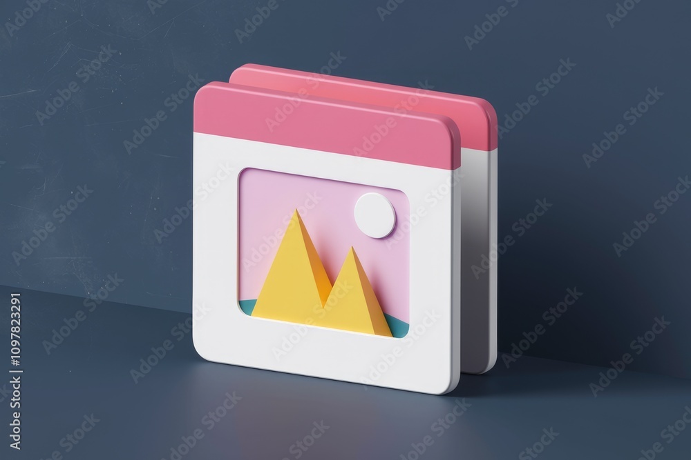 Poster a 3d render of a minimalist image gallery icon with pink and yellow accents