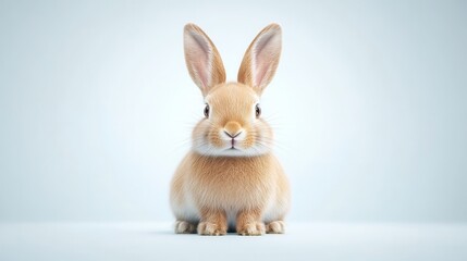 Obraz premium A cute rabbit with large ears and a fluffy coat, looking directly at the viewer against a soft, light background.