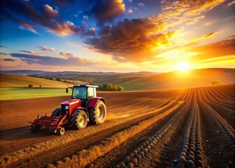Close-Up View of a Vibrant Red Tractor Cultivating Rich Soil in an Expansive Field During Golden Hour, Showcasing Agricultural Excellence and Rural Life