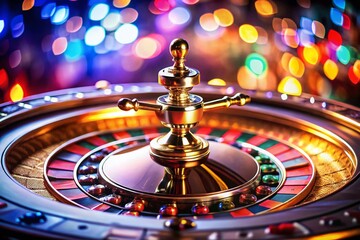 Close-Up View of an Opulent Roulette Wheel in a Casino Setting, Capturing the Glamour and Excitement of Gambling with Rich Colors and Intricate Details