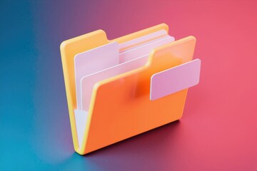 3D render of an orange folder icon with multiple documents  symbolizing organization and storage