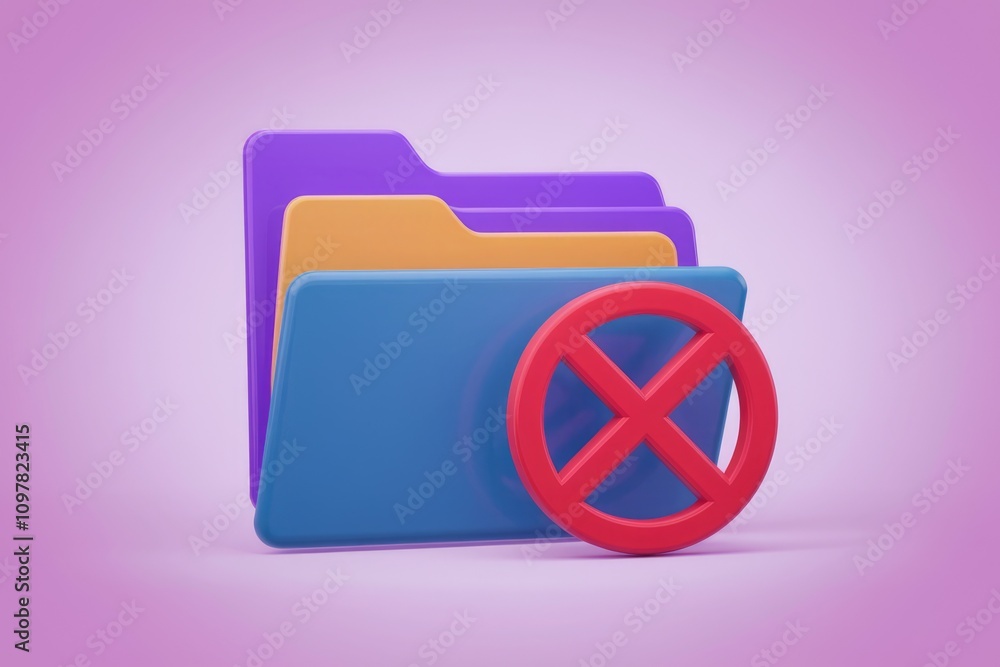 Poster 3D render of colorful folders with a red cross symbol  signifying deletion or rejection
