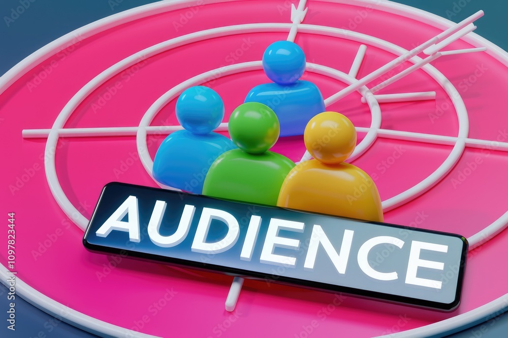 Poster target audience represented by colorful 3d figures on a dartboard signifying market reach