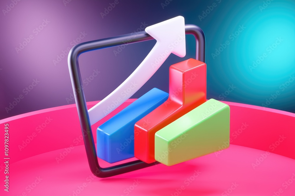 Poster 3D render of colorful bar graph with upward arrow indicating growth and progress