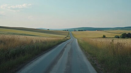 Empty asphalt road through open fields, creating a peaceful and inviting road scene