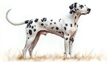 A watercolor Dalmatian standing confidently, its sleek spotted coat and elegant build glowing under soft light, painted beautifully on a clean white background
