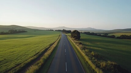 Fototapeta premium Empty country road through green fields, creating a simple, calming road trip scene