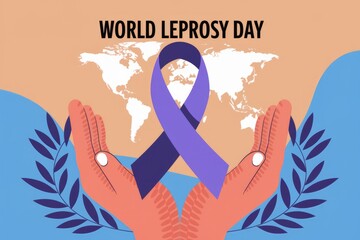 World Leprosy Day  Hands holding a purple ribbon on a world map  symbolizing support and awareness