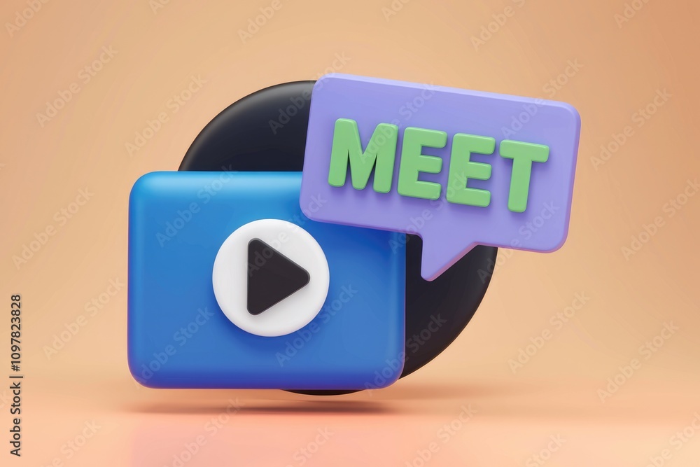 Poster 3D render of a video meeting invitation with play button and 'Meet' text