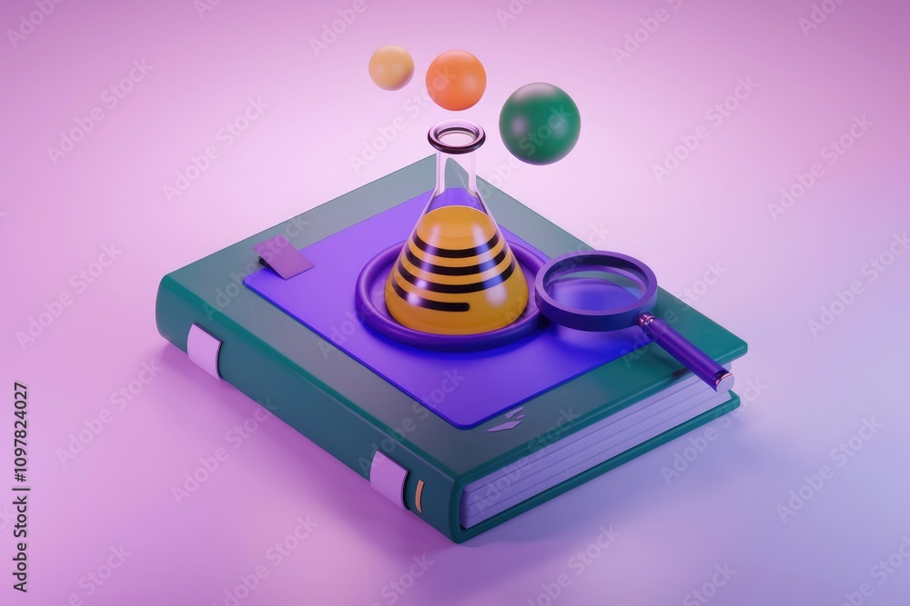 Aufkleber a book with a beaker magnifying glass and colorful spheres representing knowledge discovery