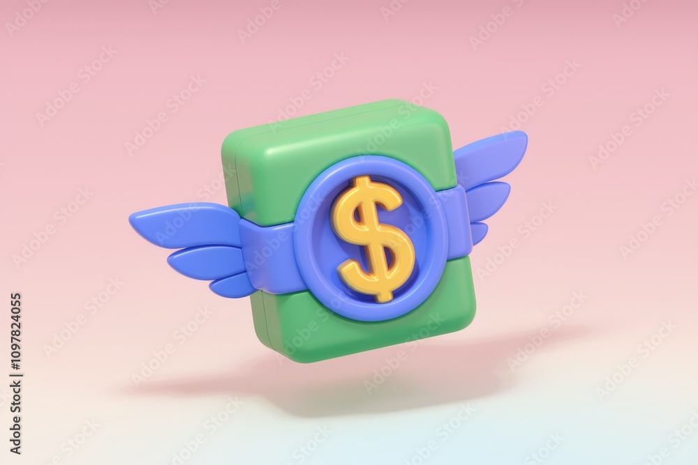 Poster a 3d rendering of a flying money box with wings symbolizing fast financial growth