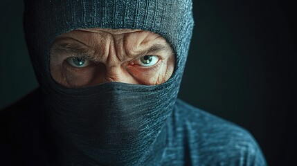 Intense close-up of a male figure with piercing green eyes, wearing a dark ski mask and expressing a serious demeanor.