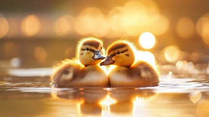 Two cute ducklings cuddling on calm water at sunset.