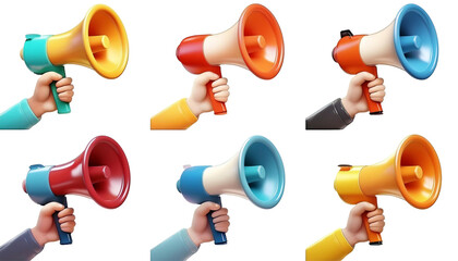 Collection of 3D cartoon-style icons featuring a hand holding a vibrating megaphone, isolated on a transparent background.