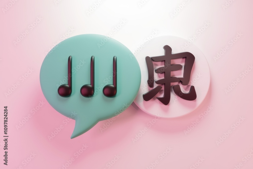 Poster 3d render of music notes and the chinese character for 'music' in speech bubbles