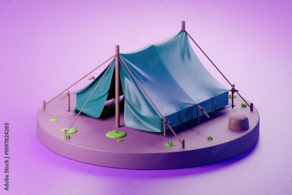 Aufkleber A 3D rendering of a teal tent on a purple platform  simple and minimalistic