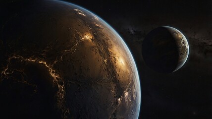 Naklejka premium Alien Planet with Rugged Terrain and Cosmic Nebula Backdrop V7