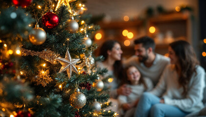 Obraz premium Festive Christmas tree with sparkling ornaments and a cozy family in the background.