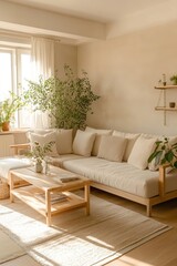 Cozy, sunny living room with plants and modern furniture