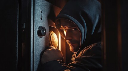 Obraz premium A focused Caucasian male in a hoodie peering into a vault, illuminated by a soft golden light, evoking an air of intrigue.