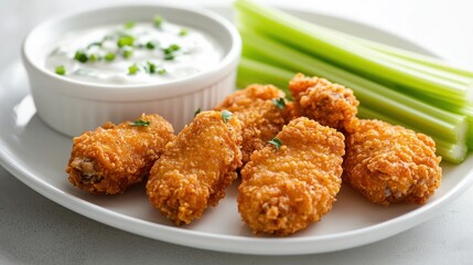 A plate of crispy chicken wings served with celery and ranch dipping sauce.