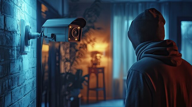 A hooded figure stands near a security camera, emphasizing themes of surveillance and privacy invasion.