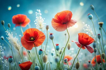Obraz premium Closeup of Vibrant Red Poppies and Delicate White Flowers Against a Light Blue Background in Long Exposure, Capturing the Beauty of Nature for Floral Enthusiasts and Garden Lovers
