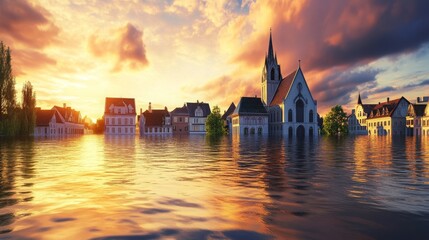 Fototapeta premium Dramatic Sunset Over a Submerged Town with Historic Architecture and Reflections in Calm Waters During a Natural Disaster Scene