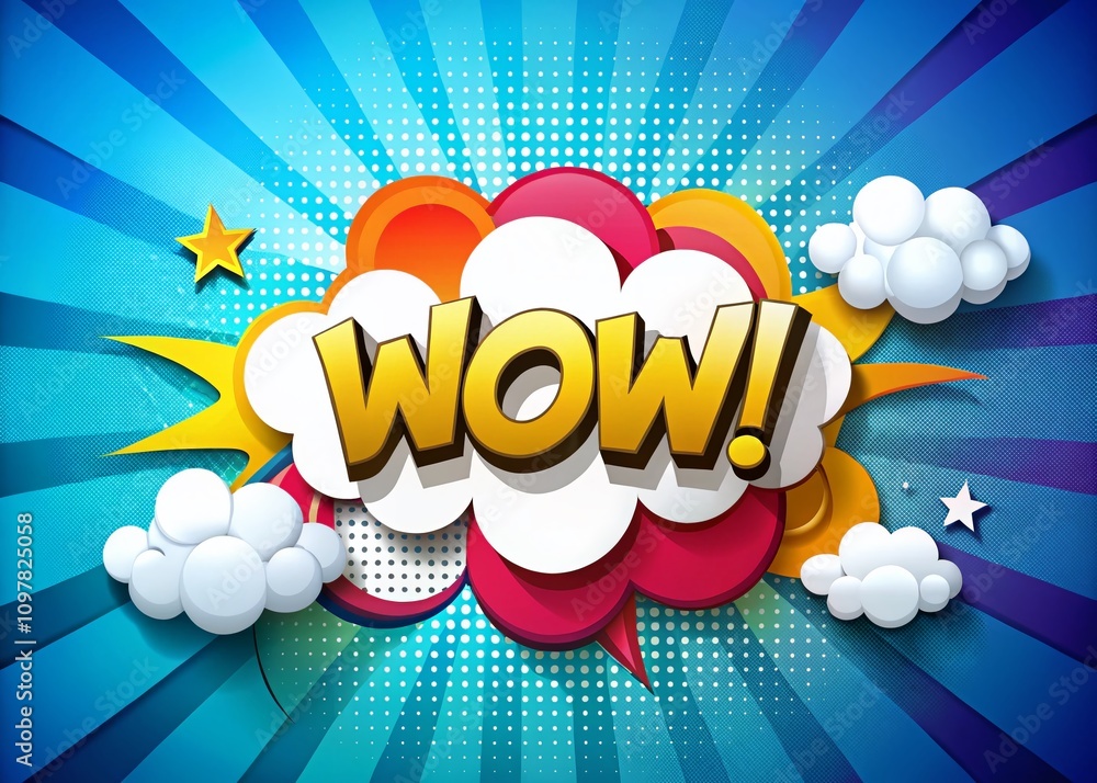 Poster cloud shaped speech bubbles displaying the word wow in a creative and engaging composition with a fo