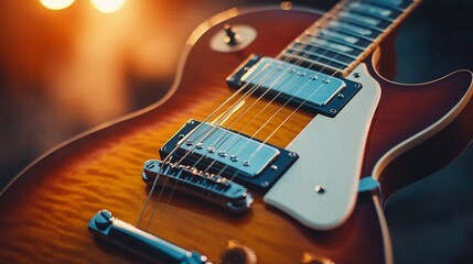 Close-up of a sunburst electric guitar.