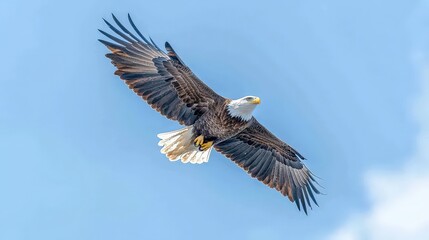 Obraz premium Majestic Bald Eagle in Flight Soaring High Above Blue Sky