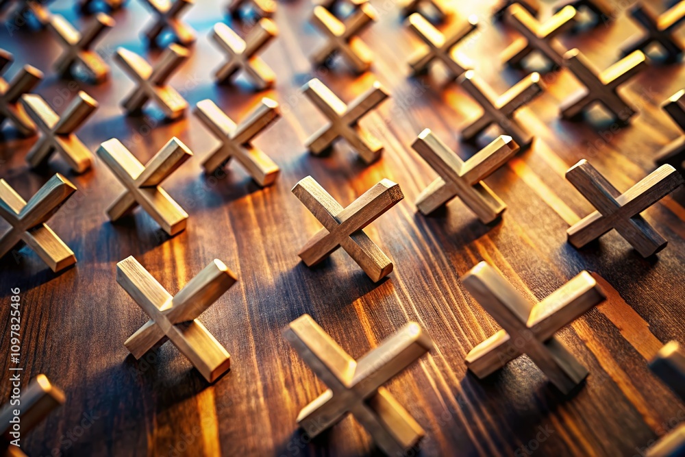 Poster collection of cross sign symbols featuring x marks with blunt and sharp ends in a tilt-shift photogr