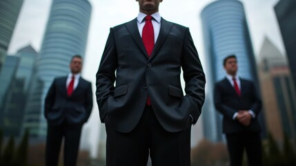 business strategy operations global Concept.Three men in suits stand confidently in an urban setting, exuding power and professionalism against a backdrop of modern skyscrapers.