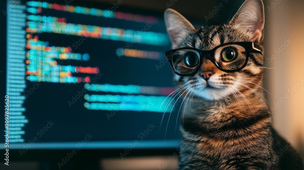 Poster a tabby cat wearing stylish black glasses stares intently, with colorful lines of computer code visi