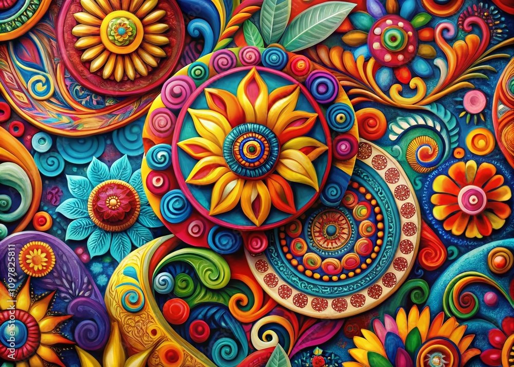 Poster colorful abstract pattern of decorative brush strokes and swirling geometric designs for artistic cr